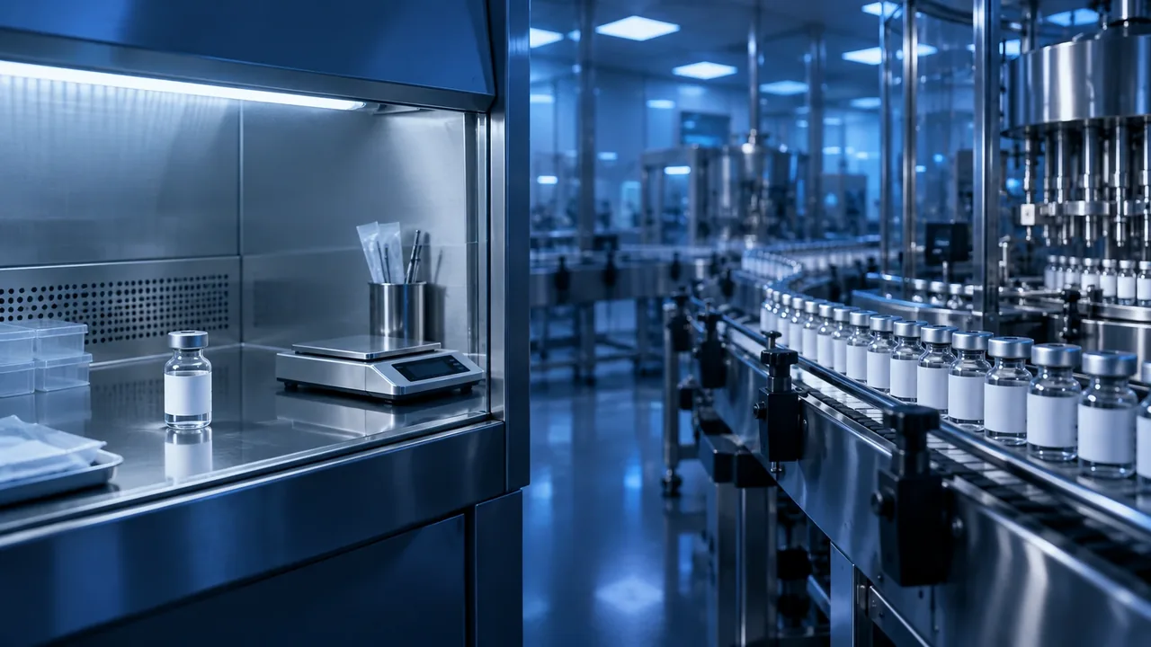 A small pharmacy bench compared with a larger sterile manufacturing room, shown as two panels