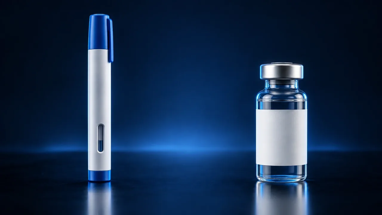 An approved injection pen beside a vial with a plain pharmacy label, shown side by side