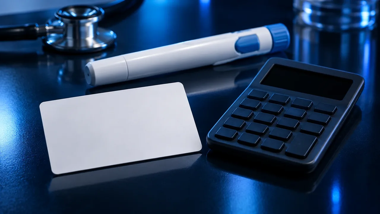 A blank insurance-style card, a calculator and a generic pen
