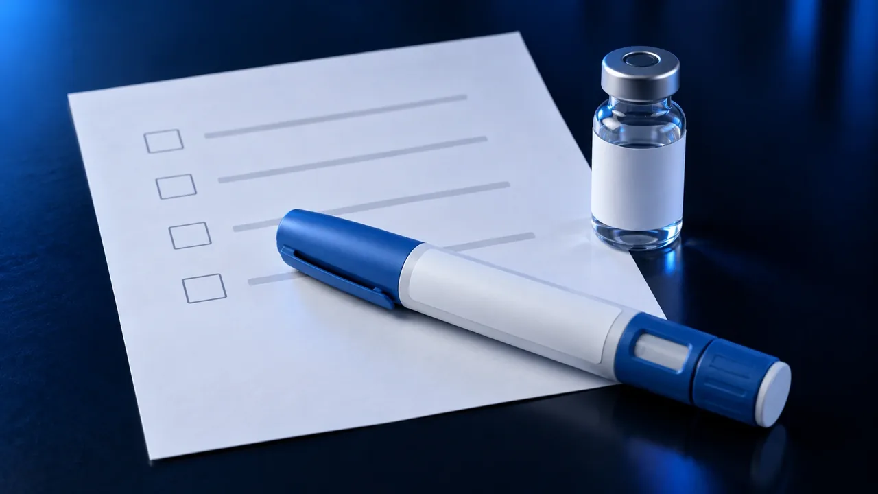 A printed instruction sheet with a checklist, a generic pen and a vial