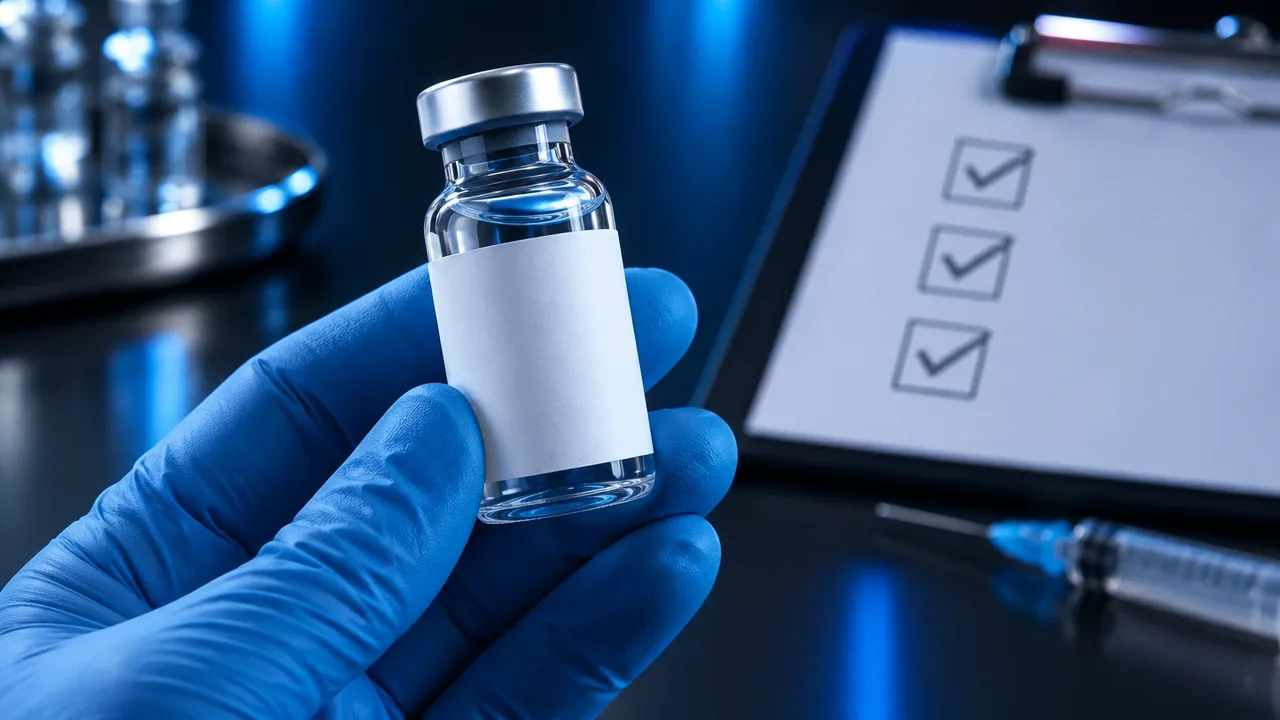 A pharmacy vial label being checked against a checklist