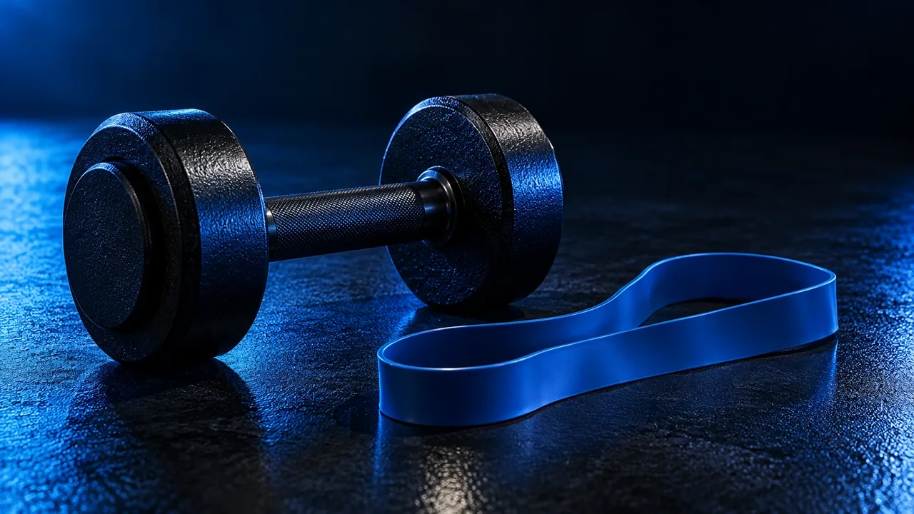 A dumbbell and a resistance band on a gym floor, no people